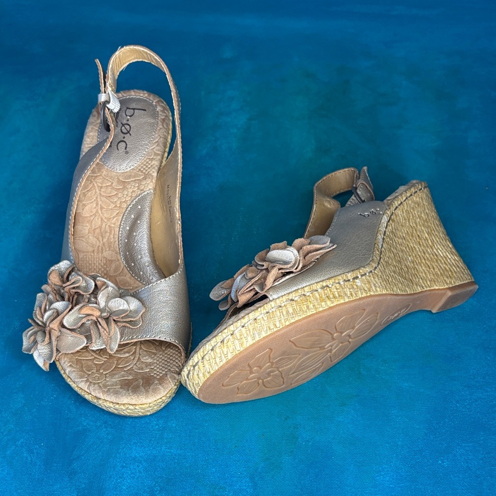 Born b.o.c. Metallic Tan Floral Espadrille Leather Wedge Slingback Sandals 9
